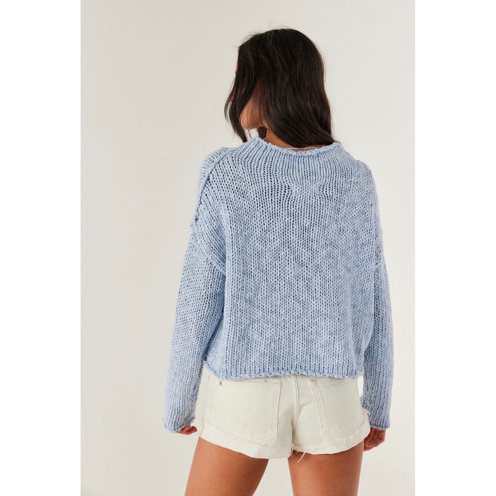 Free People Opal Rollneck Chunky Knit Sweater Cashmere Blue Cropped Pullover S/P - Picture 2 of 10